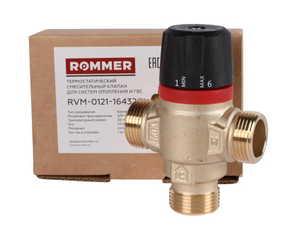 ROMMER RVM-0121-164320 Термостатический смесительный клапан для систем отопления и ГВС 3/4  НР 20-43°С KV 1,6 (боковое смешивание)