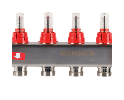 ROMMER RMS-1201-000004 ROMMER Коллектор из нержавеющей стали с расходомерами, с клапаном вып. воздуха и сливом 4 вых.