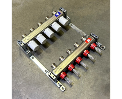 Коллекторная группа 1" Uni-Fitt 450Bнерж. сталь 5 выходов 3/4" с расходомерами и термостатическими вентилями без концевиков