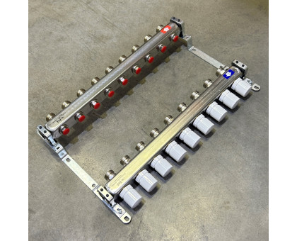 Коллекторная группа 1" Uni-Fitt 451B нерж. сталь с балансировочными и термостатическими вентилями без концевиков 9 выходов 3/4"