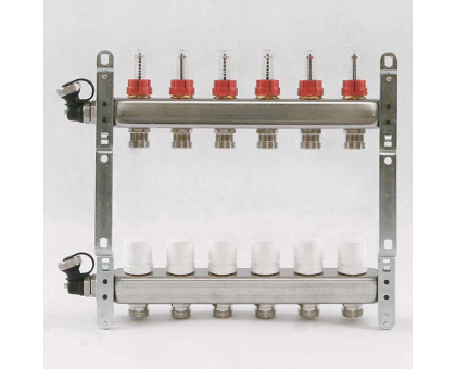 Коллекторная группа из нержавеющей стали с термостатическими вентилями и расходомерами UNI-FITT 1"x3/4"ЕК 6 выходов